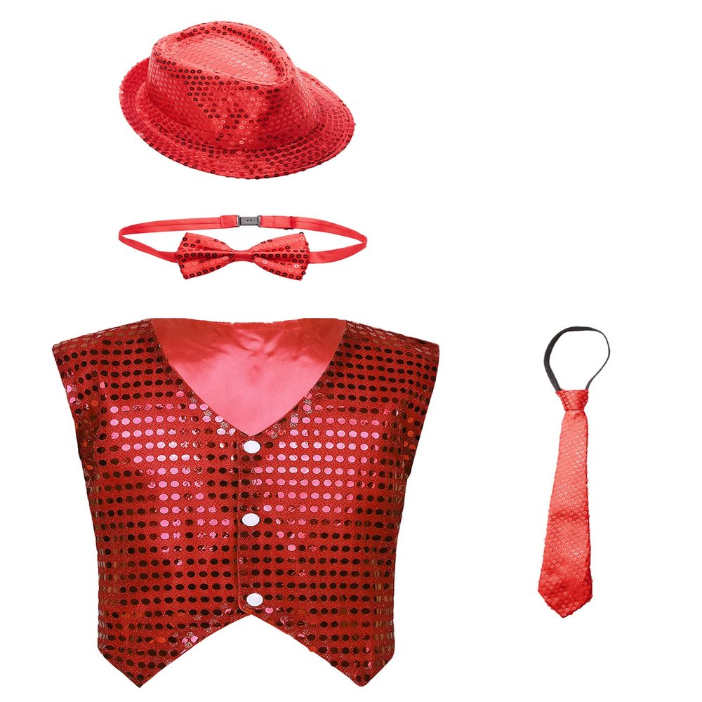 Xnihocha Kids Boys Jazz Dance Performance Costume Glittery Sequined Vest Waistcoat with Hat Bowtie Necktie Red 8-9 Years