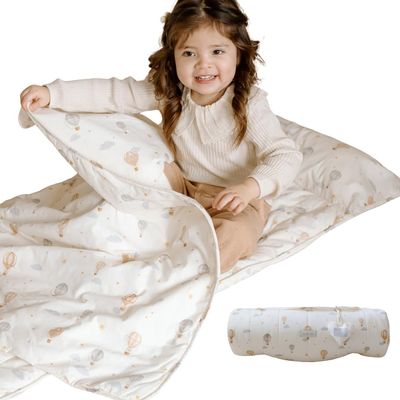 Organic Toddler Nap Mat - 100% Cotton Fabric Sleeping Mat - Sleeping Bag For Kids - Removable Pillow and Blanket  1.5 Thick Pad - Ideal For Home, Daycare, Preschool & Sleepovers. (Ivory Hot Balloon)