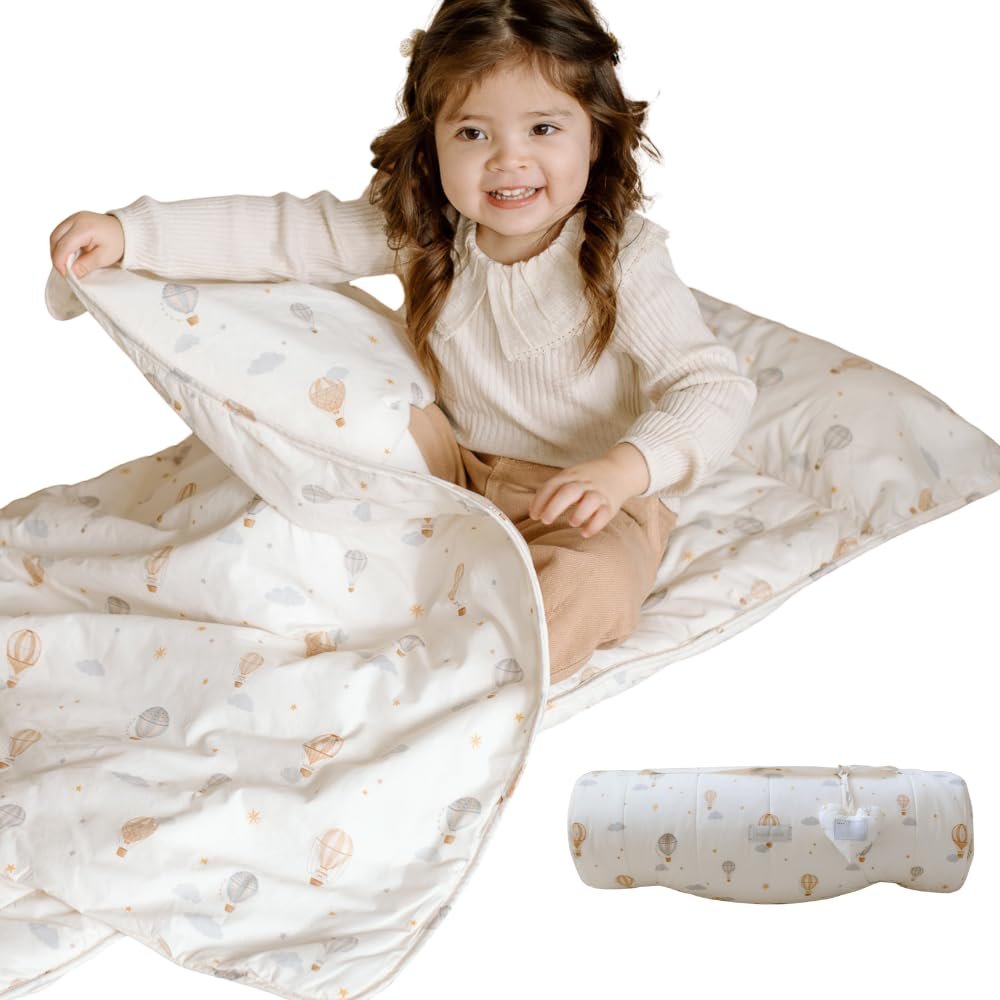 Organic Toddler Nap Mat - 100% Cotton Fabric Sleeping Mat - Sleeping Bag For Kids - Removable Pillow and Blanket 1.5 Thick Pad - Ideal For Home, Daycare, Preschool & Sleepovers. (Ivory Hot Balloon)