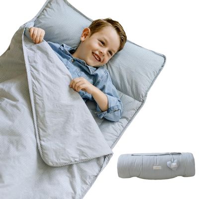 Bloomere Organic Toddler Nap Mat  100% Cotton Fabric Kids Sleeping Mat & Detachable Pillow  Sleeping Bag with Soft 1.5 Pad  Washable Nap Mat for Daycare, Preschool, & Sleepovers