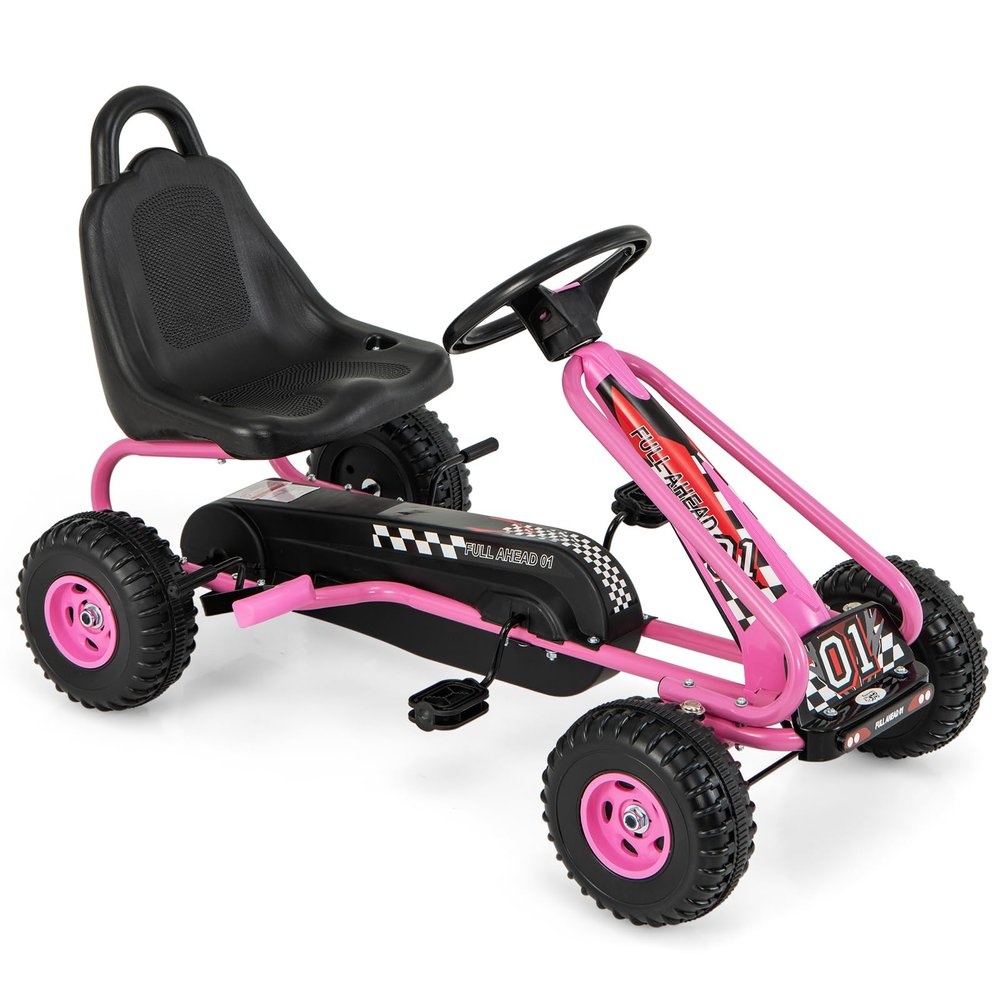HONEY JOY Pink Go Kart for Kids, 4 Wheel Pedal Powered Go Cart with Steering Wheels & Adjustable Seat, Safety Hand Brake, Non-Slip Tires, Outdoor Off-Road Racer Ride On Pedal Car for Boy Girl (Pink)