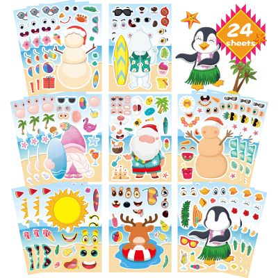 24 PCS Summer Stickers for Kids, July Christmas Make a Face Stickers, Make Your Own Mix and Match Sticker with Santa Claus, Reindeer, Penguin, Polar Bear and Snowman, Hawaii Tropical Beach Sticker
