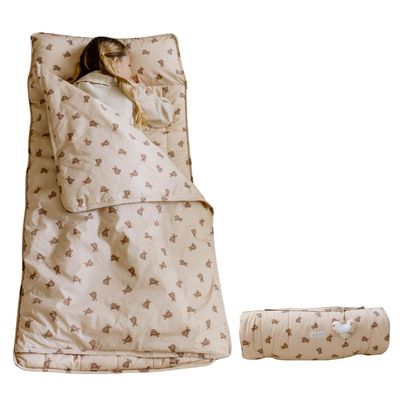 Bloomere Organic Toddler Nap Mat  100% Cotton Kids Washable Sleeping Mat & Detachable Pillow  Sleeping Bag with Soft 1.5 Pad  Ideal Nap Mat for Daycare, Preschool, & Sleepovers (Brown Teddy)