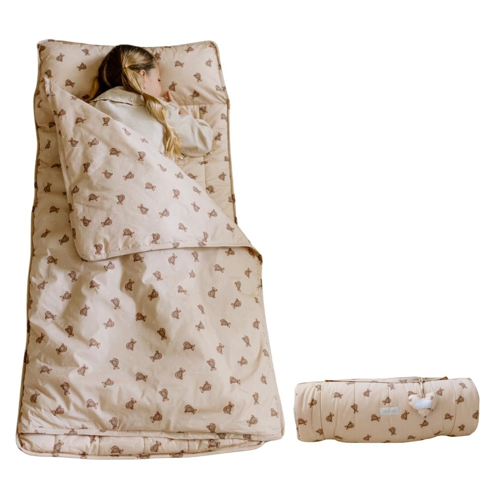 Bloomere Organic Toddler Nap Mat  100% Cotton Kids Washable Sleeping Mat & Detachable Pillow  Sleeping Bag with Soft 1.5 Pad  Ideal Nap Mat for Daycare, Preschool, & Sleepovers (Brown Teddy)