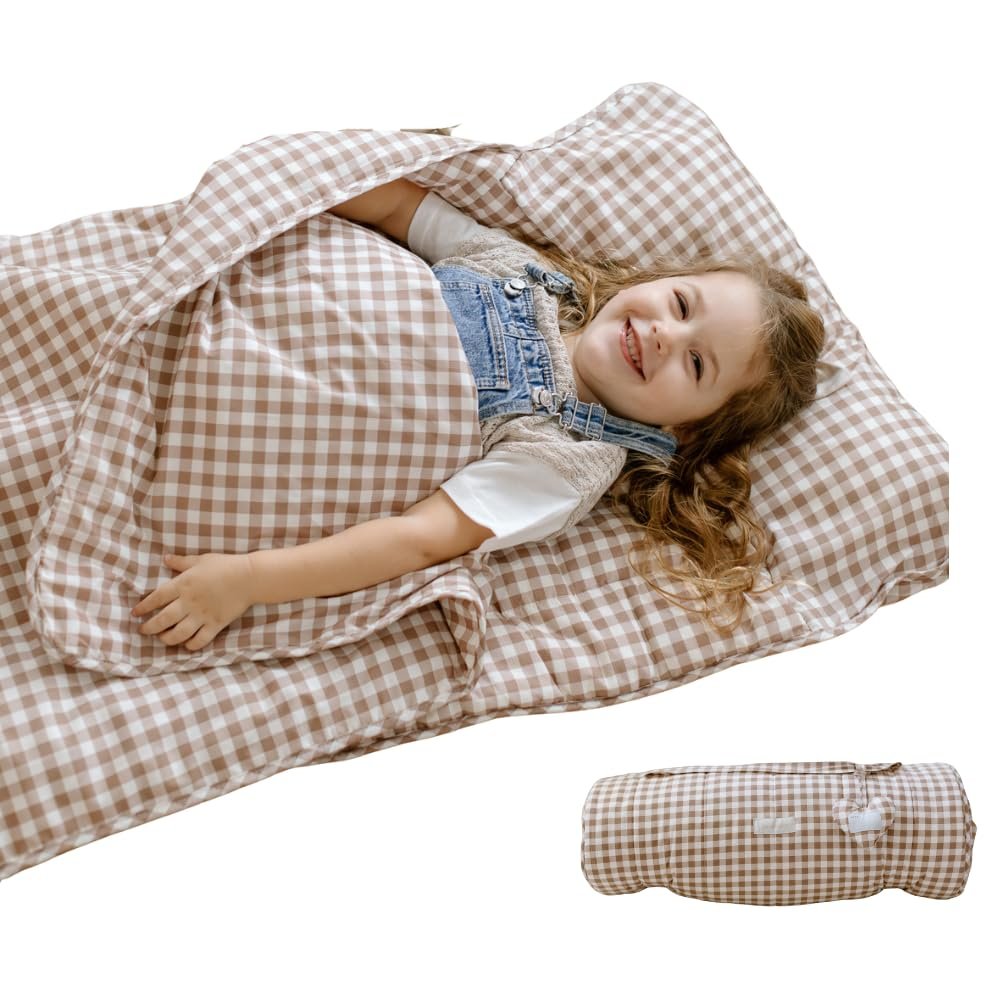 Bloomere Organic Toddler Nap Mat  100% Cotton Kids Washable Sleeping Mat & Detachable Pillow  Sleeping Bag with Soft 1.5 Pad  Ideal Nap Mat for Daycare, Preschool, & Sleepovers (Brown Gingham)