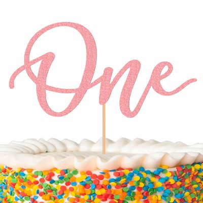 MYAMPED First Birthday Cake Topper - Glitter Pink 'One' Sign, Suitable for Shower Favors, Gender Reveal, Party or Photo Booth Props