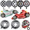 10 PCS Race Car Balloons, Foil Helmet Checkered Balloons and Hot Wheel Tire Balloons, Race Car Party Supplies for Boy Two Fast Birthday Party Cars Theme Decorations view 1