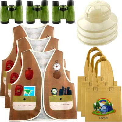 12 Pcs Kids Explorer Costume Set Include Jungle Vest Plastic Safari Hat Adventure Tote Bag Binoculars Safari Role Play Outfits for Kids Jungle Party Activities Dress Up Halloween Costume Cosplay