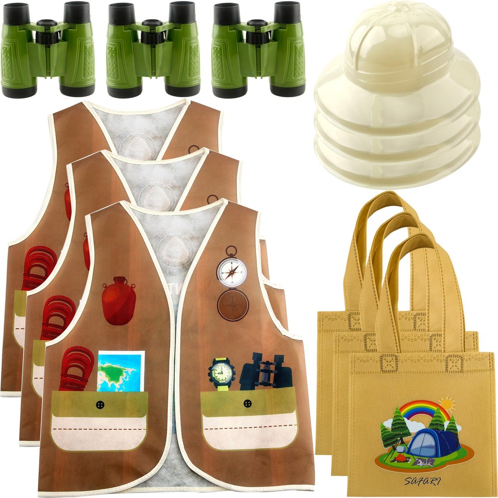 12 Pcs Kids Explorer Costume Set Include Jungle Vest Plastic Safari Hat Adventure Tote Bag Binoculars Safari Role Play Outfits for Kids Jungle Party Activities Dress Up Halloween Costume Cosplay
