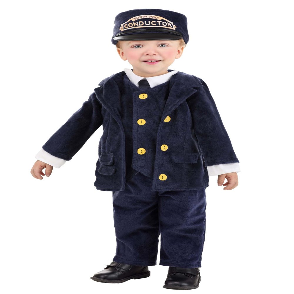 Fun Costumes Infant North Pole Train Conductor Costume | Christmas Locomotive Operator Jumpsuit Uniform w/Hat, 0/3 Months, Blue