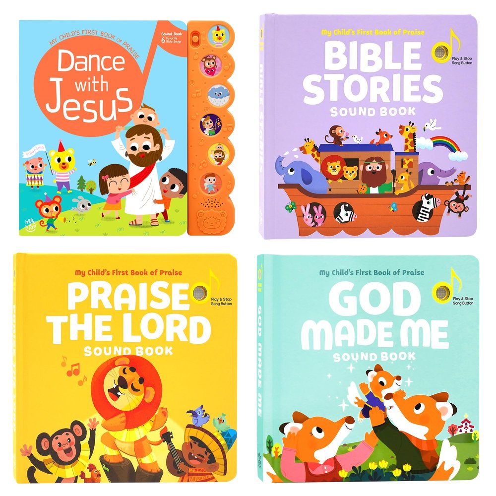 Dance with Jesus, Bible Stories, Praise The Lord and God Made Me - Bundle of 4 Books - Christian Sound Books for Toddlers 1-3 | 6 Bible Songs & Illustrations per Book, Musical Toys | Baptism Gifts