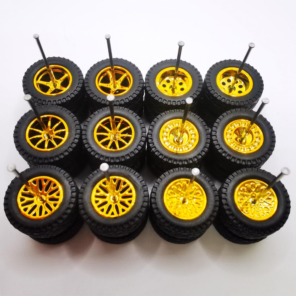6 Set Simulation 1/64 Model Trucks Off Road Modified Tire with 6 Styles Hub and Rubber Tires 1/64 Scale Wheels for Trucks(Diameter 0.56in/14.2mm) (Electroplated Gold)