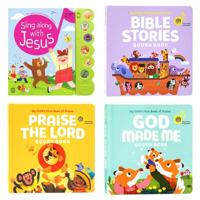 Sing Along with Jesus, Bible Stories, Praise The Lord and God Made Me- Bundle of 4 Books- Christian Sound Book for Toddlers 1-3 | 6 Bible Songs & Illustrations per Book, Musical Toys | Baptism Gifts