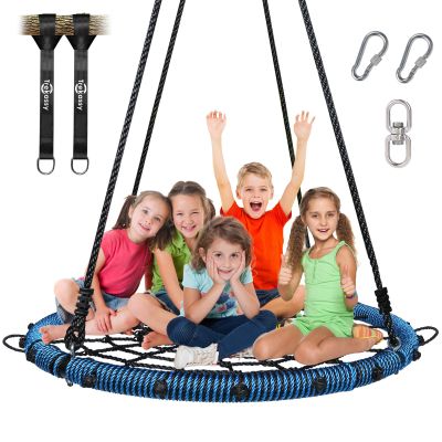 Trekassy 45" 750lbs Spider Web Tree Swing for Kids & Adults, Outdoor Steel Frame Saucer Net Swing with Swivel, Adjustable Ropes + 2 Tree Hanging Straps (Blue)