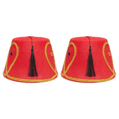 Aislor 2Pcs Egyptian Hat Red Fez Hat Tassel Turkish Hat Moroccan Hat Bellhop Cap for Halloween Cosplay Costume Red One Size
