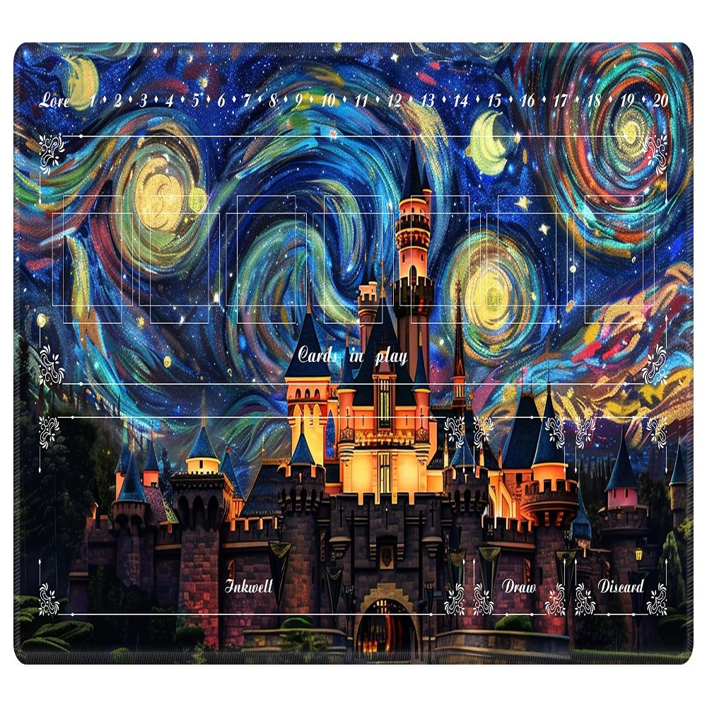 EDGFRTOIO Playmat with Zones for Card Game Playing, Compatible with Lorcana TCG Cards Game Mats 24"x14" Commander Deck Gaming Duel Mat Card Gameplay Mats for Beginner, Magical Castle Starry Night