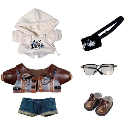 niannyyhouse Doll Dress Up Hoodies Jackets Jeans Backpacks Glasses Shoes Vintage Outfit 10cm 15cm 20cm Plush Doll Clothes (15cm)