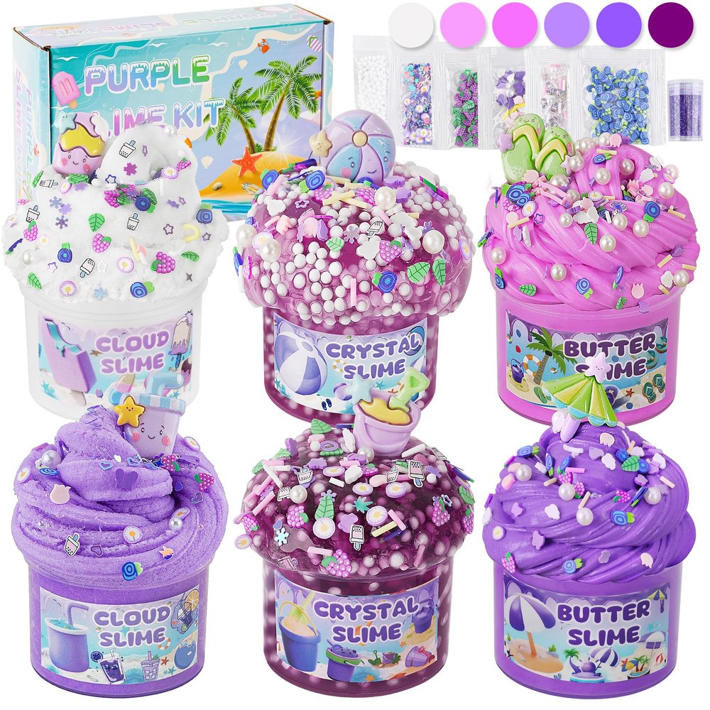 LAWOHO 6 Packs Gradient Purple Slime Kit - Cloud, Butter & Clear Slimes, Crunchy Slimes Kits for Kids with Beach Charms & Add-ins, Party Favors for Girls & Boys, 360ml Soft Non Stick Slime Making Kit