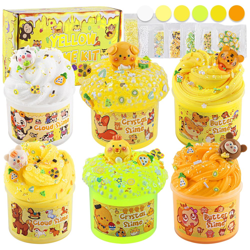 LAWOHO 6 Packs Gradient Yellow Slime Kit - Clear, Butter, Cloud Slimes, Fluffy Slimes for Kids with Charms & Animal Add-ins, Party Favors for Girls & Boys, 360ml Non Stick Slime Making Kit for Kids