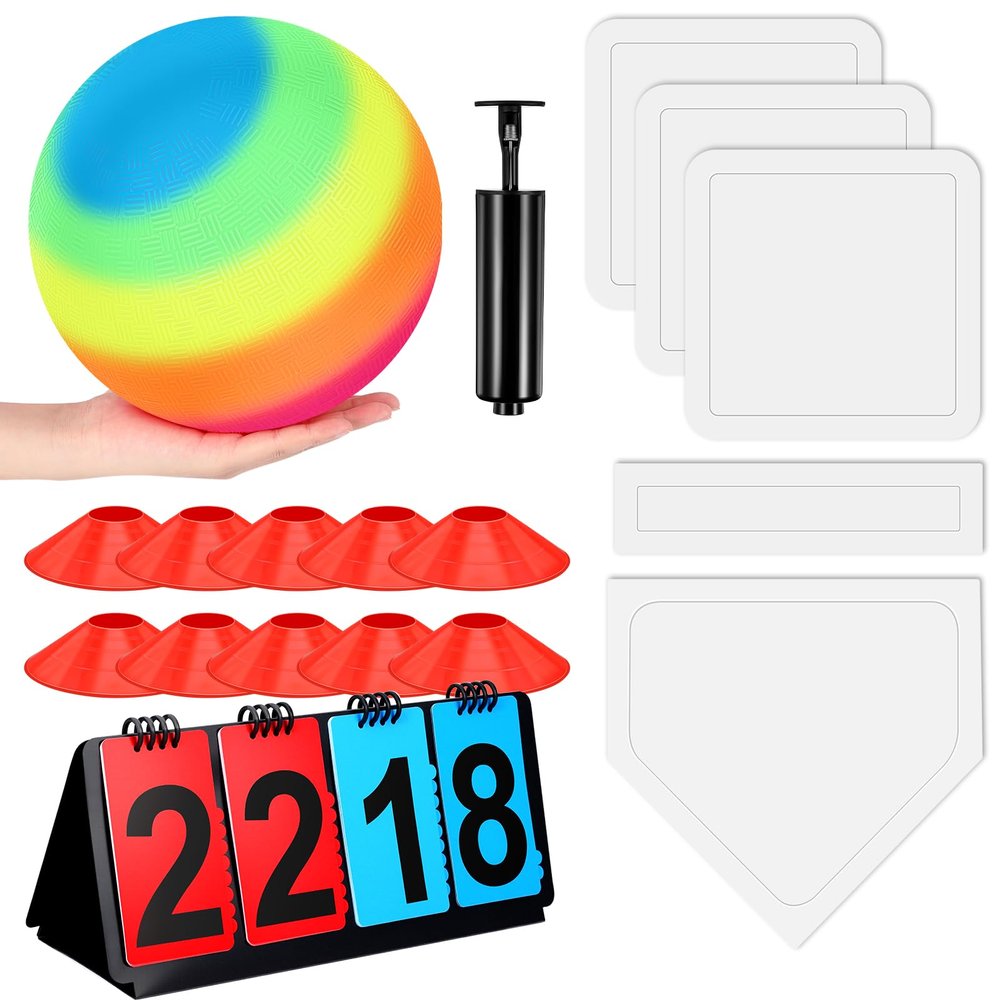Jenaai 18 Pcs Sports Kickball Set Includes Playground Ball 5 Rubber Throw Down Bases Ball Pump Scoreboard Net Bag 10 Foul Line Cones for Adults Playground Backyard Game(9 Inch,Rainbow)