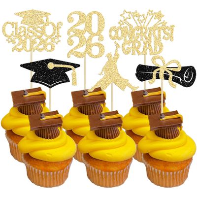 Gyufise 24Pcs 2026 Graduation Cupcake Toppers Glitter Class of 2026 Congrats Grad Cap Diploma Cake Decorations for 2026 Graduation Theme Birthday Party Supplies Black Gold