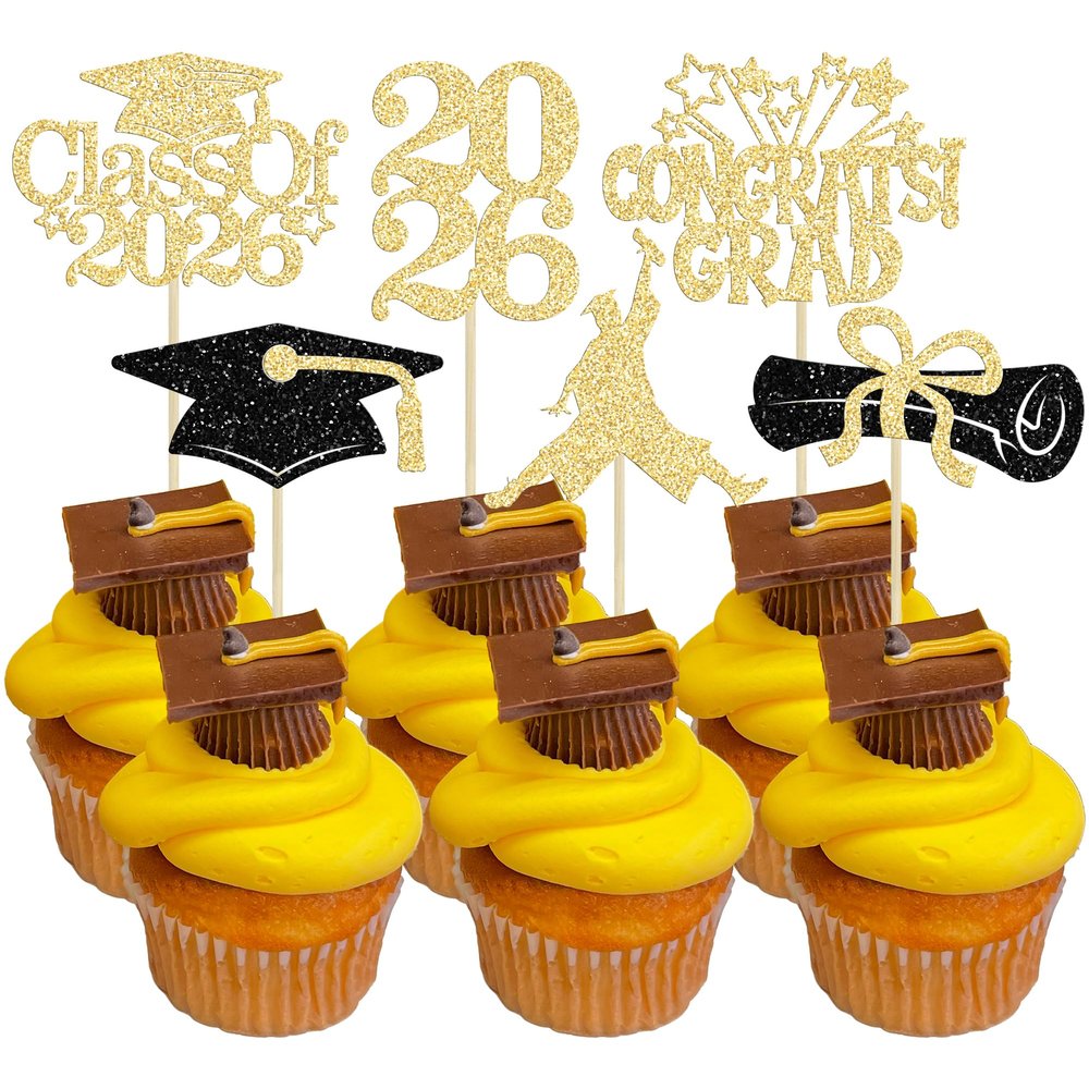 Gyufise 24Pcs 2026 Graduation Cupcake Toppers Glitter Class of 2026 Congrats Grad Cap Diploma Cake Decorations for 2026 Graduation Theme Birthday Party Supplies Black Gold