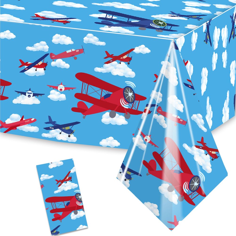 Airplane Birthday Party Tablecloth 54'' x 108'' Airplane Aircraft Table Covers for Aviation Theme Boys Baby Shower 1st 2nd 3rd 4th Birthday Party Table Supplies Decorations