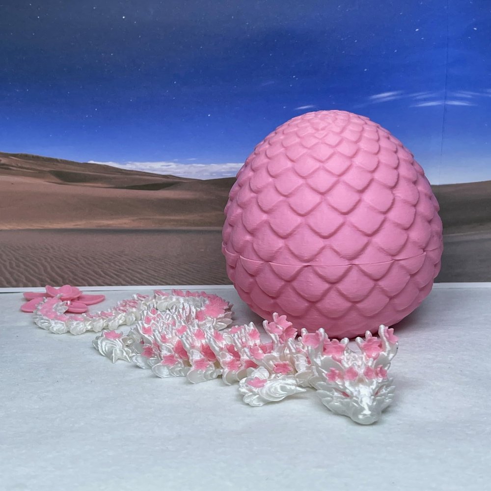 3D Printed Dragon with Dragon Egg, 12" Pink and White Cherry Blossom with Dragon Egg, Fidget ADHD Autism Toy D016