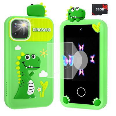 Kids Smart Phone for Boys with 32G Card & Holographic Pyramid, Christmas Birthday Gifts for Age 3-10 Kids Toy Cell Phone, 2.8" Touchscreen Toddler Learning Toy, Dual Lens, Music Player(Green Dinosaur)