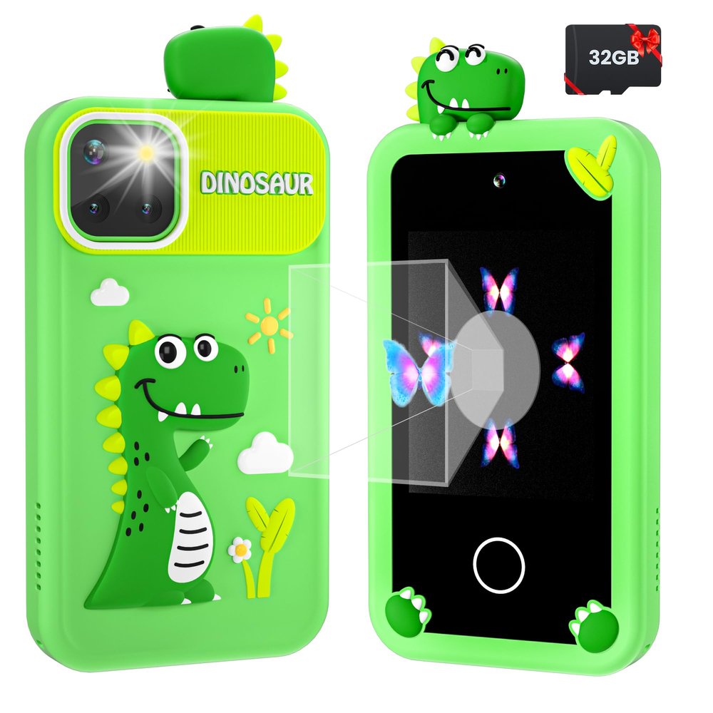 Kids Smart Phone for Boys with 32G Card & Holographic Pyramid, Christmas Birthday Gifts for Age 3-10 Kids Toy Cell Phone, 2.8" Touchscreen Toddler Learning Toy, Dual Lens, Music Player(Green Dinosaur)