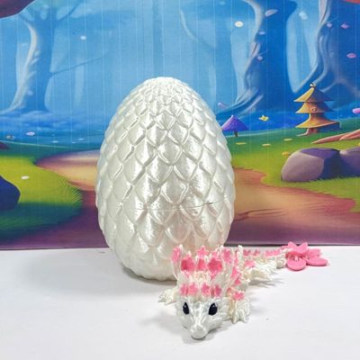 3D Printed Dragon with Egg, Articulated 6" Pink and White Cherry Blossom Baby Dragon, Fidget ADHD Autism Toy BD004-WHT