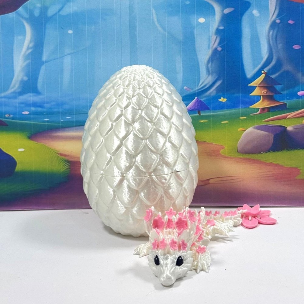3D Printed Dragon with Egg, Articulated 6" Pink and White Cherry Blossom Baby Dragon, Fidget ADHD Autism Toy BD004-WHT