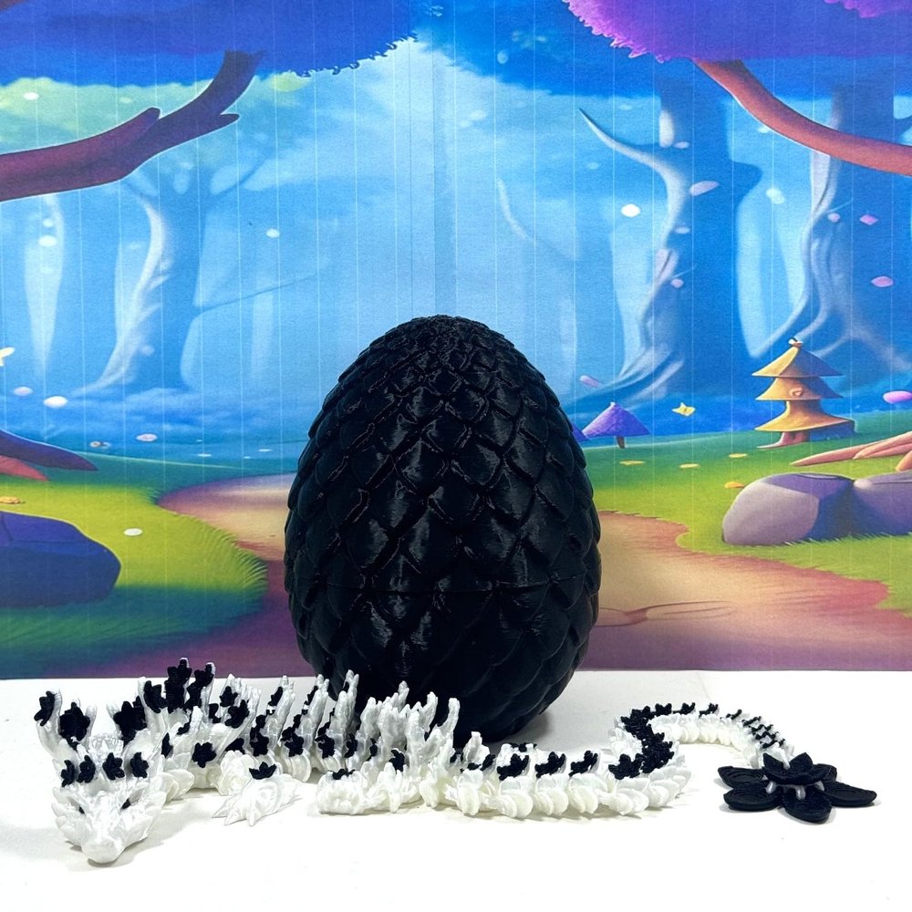 3D Printed Dragon with Egg, Articulated 12" White and Black Cherry Blossom Dragon, Fidget Sensory Toy, Flexible ADHD, Autism, Relief Anxiety D030-BLK