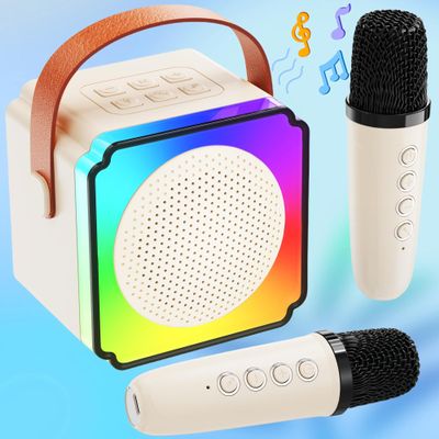 JYNSROU Mini Karaoke Machine with 2 Wireless Microphones, Portable Karaoke Machine with Bluetooth Speaker, Kids Karaoke Machine Toys Gifts for Girls 4,5,6,7,8,9,10 +Year Old Christmas Birthday (Beige)