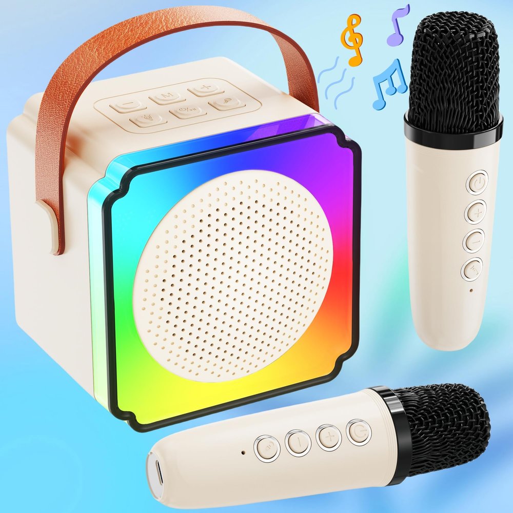JYNSROU Mini Karaoke Machine with 2 Wireless Microphones, Portable Karaoke Machine with Bluetooth Speaker, Kids Karaoke Machine Toys Gifts for Girls 4,5,6,7,8,9,10 +Year Old Christmas Birthday (Beige)