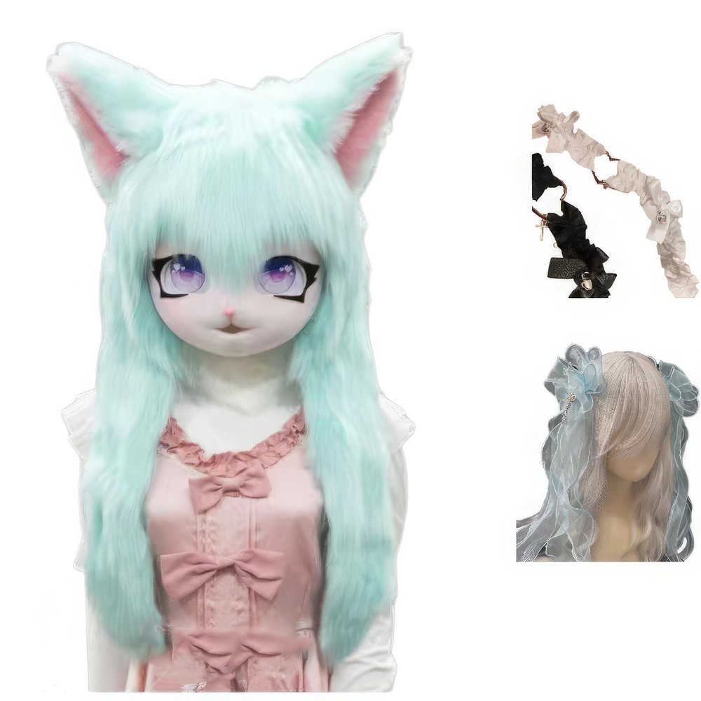 WLYEZAU Plush anime headwear, stuffed animal masks, Lolita costume accessories, headwear, Halloween cosplay hoods (Color : Green)