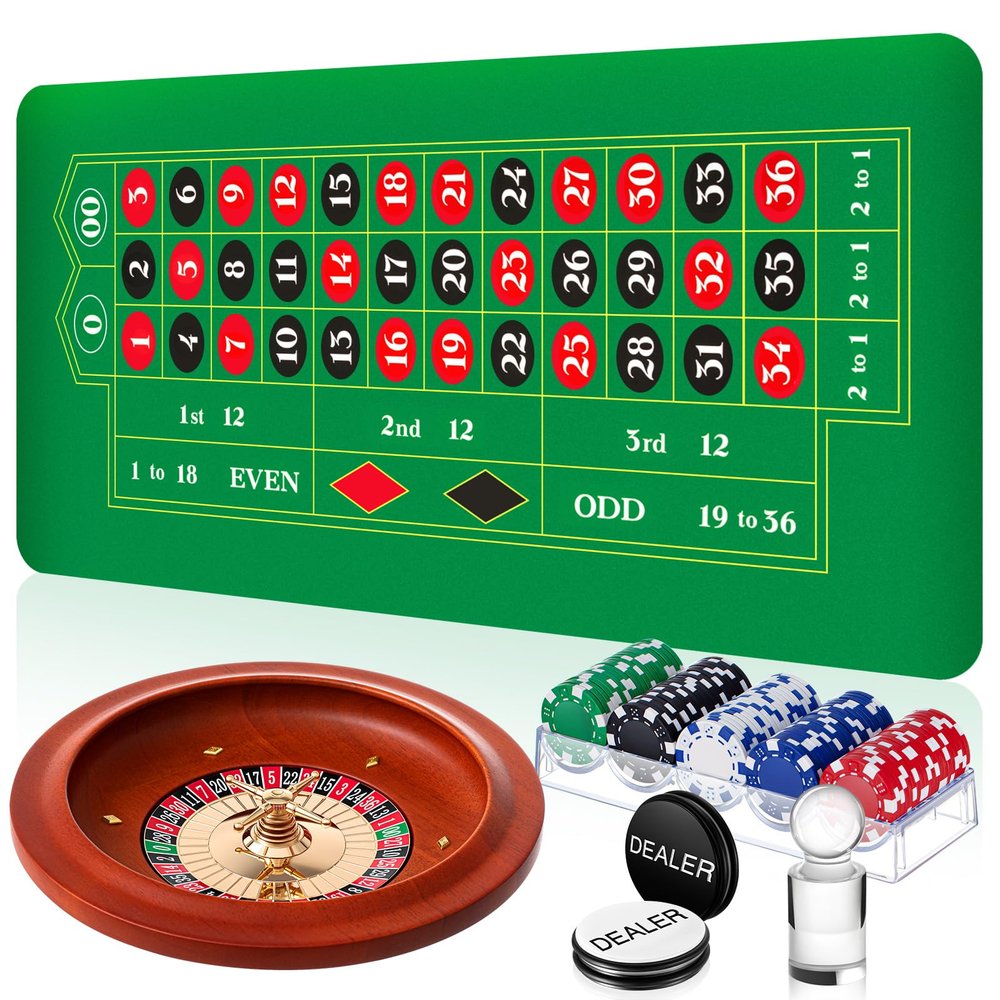Lunmon Roulette Wheel Game Set Include 11'' Solid Wood Roulette Wheel 35 x 16 Rubber Portable Tabletop Layout Mat 100 Chips Marker Dealer Button