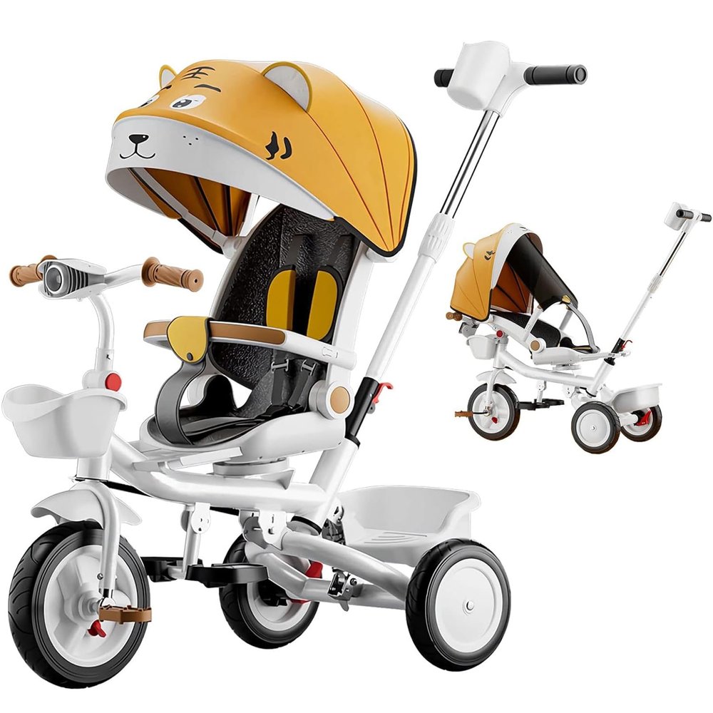 JIYIAN 4 in 1 Baby Trike Tricycles,Kids Tricycle Stroll Trike/Adjustable Push Handle & Canopy,Rotatable Seat Cup Holder,Safety Harness,Push Tricycle Stroller for Kids Outdoor Toy,Yellow