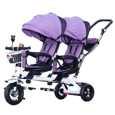 JIYIAN 4 in 1 Twin Tricycle for Children,Tricycle Bike with Basket Sunshade Stroller Removable Rear Push Handle/Retractable Pedals with Two-Way Rotating Reversible Seat