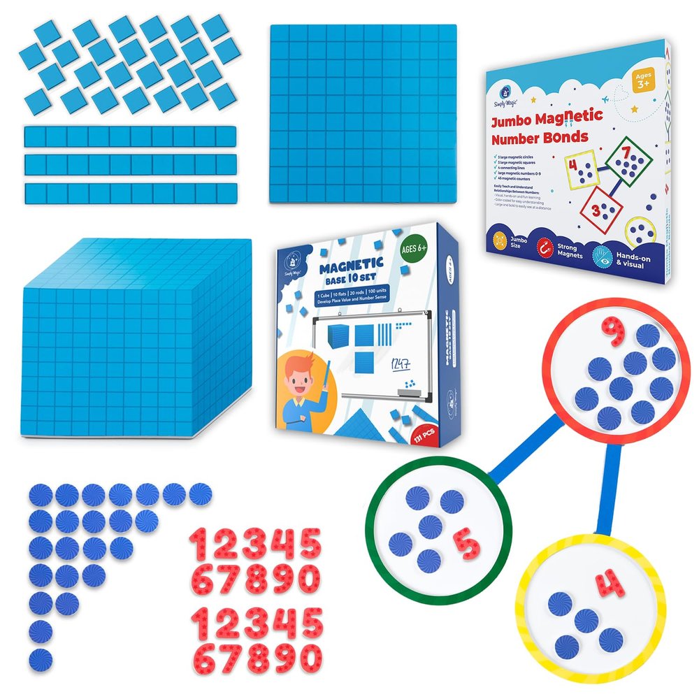Simply Magic 75 PCS Colorful Magnetic Number Bonds & 131 PCS Jumbo Magnetic Base Ten Blocks for Math