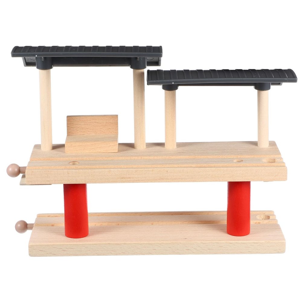 VICASKY Wooden Train Set with Double-Deck Barricade Railway Track Toys -Train Railway Playing Station Accessory Playset for Kids, Railroad Platform & Scenic Layouts 9.05 X 6.88 X 3.14 Inch