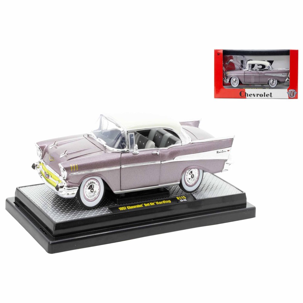 1957 Chevy Bel Air Hardtop Purple Metallic with Cream Top Limited Edition to 6250 Pieces Worldwide 1/24 Diecast Model Car by M2 40300-115B