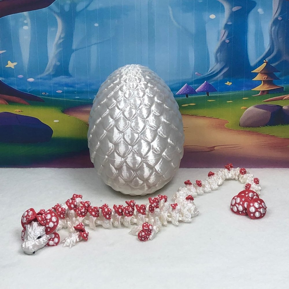 3D Printed Dragon Mushroom Dragon with Dragon Egg, Articulated 12" White and RED Dragon, Fidget Toy, Executive Desk Toy D036-WE