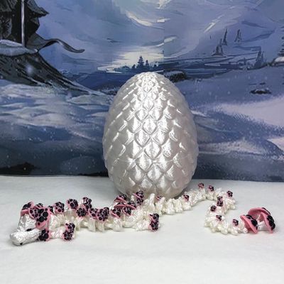 3D Printed Dragon with Dragon Egg, Articulated 12" White and Pink Mushroom Dragon, Fidget ADHD Autism Sensory Toy, Executive Desk Toy D035-WHT