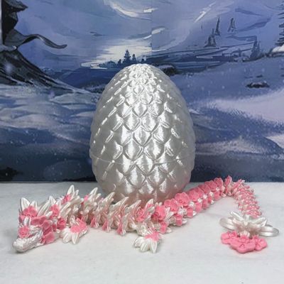3D Printed Dragon with Dragon Egg, Articulated Pink and White Orchid Dragon, 12" Pink and White Dragon, Fidget ADHD Sensory Toy Executive Desk Toy D039-WHT