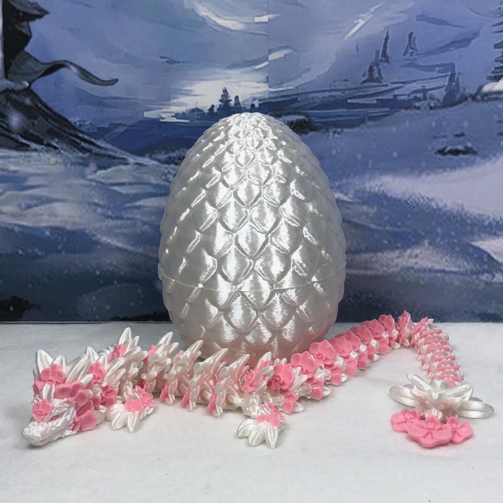 3D Printed Dragon with Dragon Egg, Articulated Pink and White Orchid Dragon, 12" Pink and White Dragon, Fidget ADHD Sensory Toy Executive Desk Toy D039-WHT