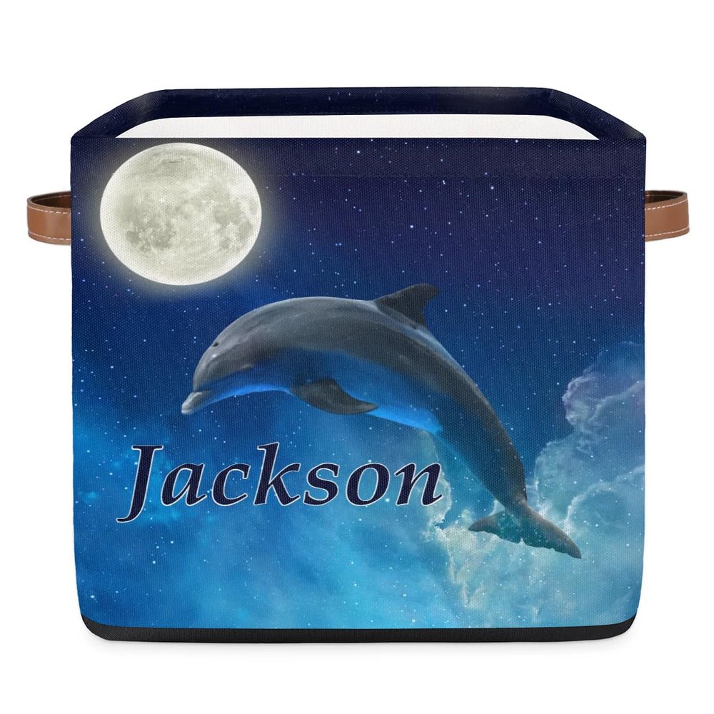 Custom Cute Sea Dolphin Storage-Basket for Kids,Personalized Foldable Boys Girls Storage Bin with Handle for Toys Dolls Clothes Family Home Nursery Dorm Bedroom