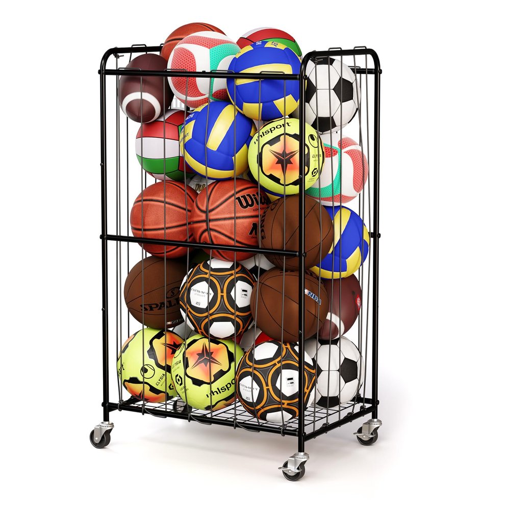 YKDIRECT 210L Rolling Ball Organizer with Locking Wheels - Large Sports Storage Basket for Basketball Soccer Football Volleyball, Steel Garage Equipment Cart with Elastic Rope for Household Storage