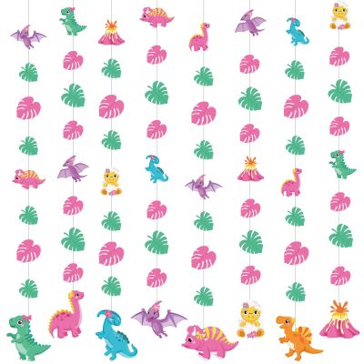 Sinload 8 Pieces Girls Dinosaur Party Decorations Pink Dinosaur Garlands Watercolor Dino Paper Cutouts Hanging Banner Decor for Girls Birthday Theme Baby Shower Wedding Party Supplies