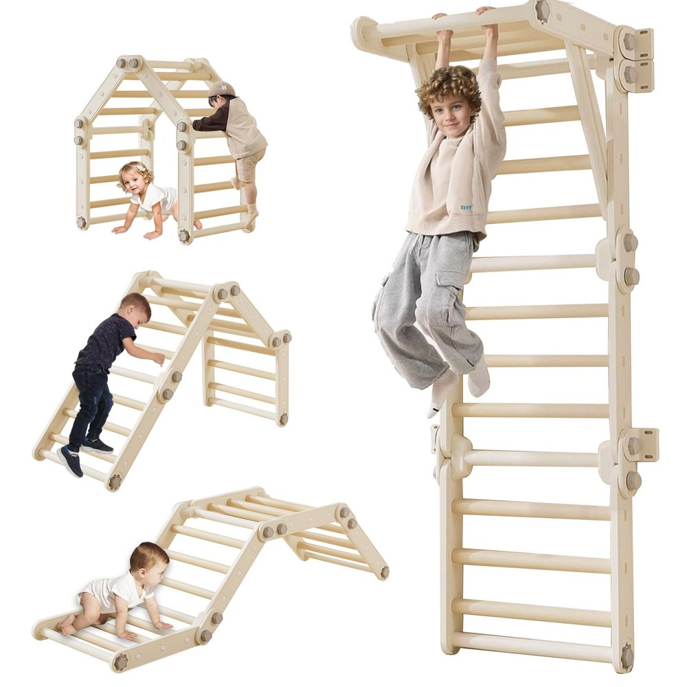 HTWELL Kids Climbing Toys,Pikler Triangle Set,Plastic Montessori Indoor Play Gym,Multifunction Foldable Indoor Climbing Gym for Kids(Gray)
